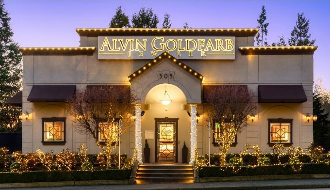 Alvin Goldfarb Jeweler storefront decorated with lights